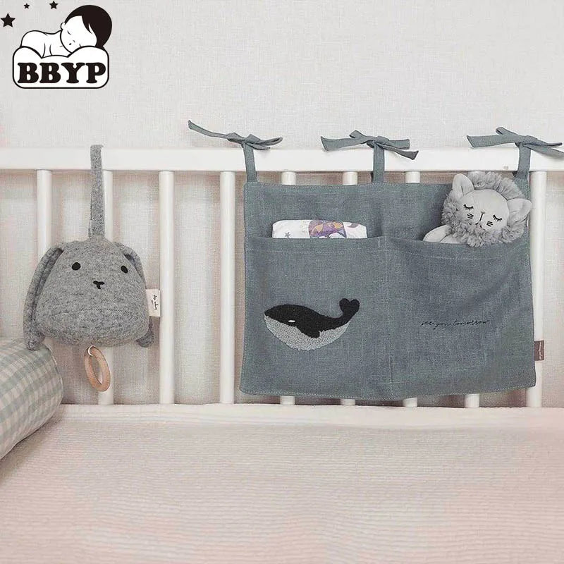 Bedside Storage Bag Embroidery linen Baby Crib Organizer Hanging Bag